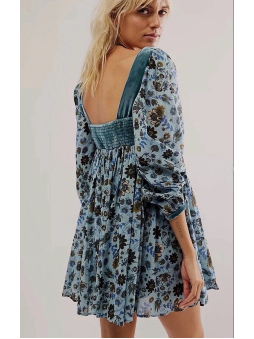 Free People Marsha Mini Velvet Retro Dress Empire Waist Size M Teal NWT - Picture 1 of 9
